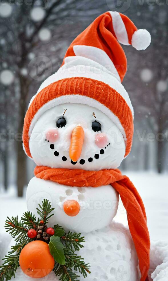 foto van Kerstmis sneeuwman met een wortel neus. ai gegenereerd