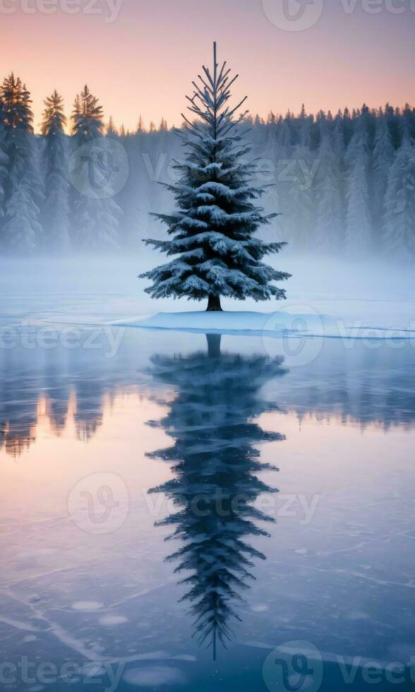 een Kerstmis boom reflectie in een bevroren meer omringd door besneeuwd landschap Bij ochtendgloren. ai gegenereerd foto
