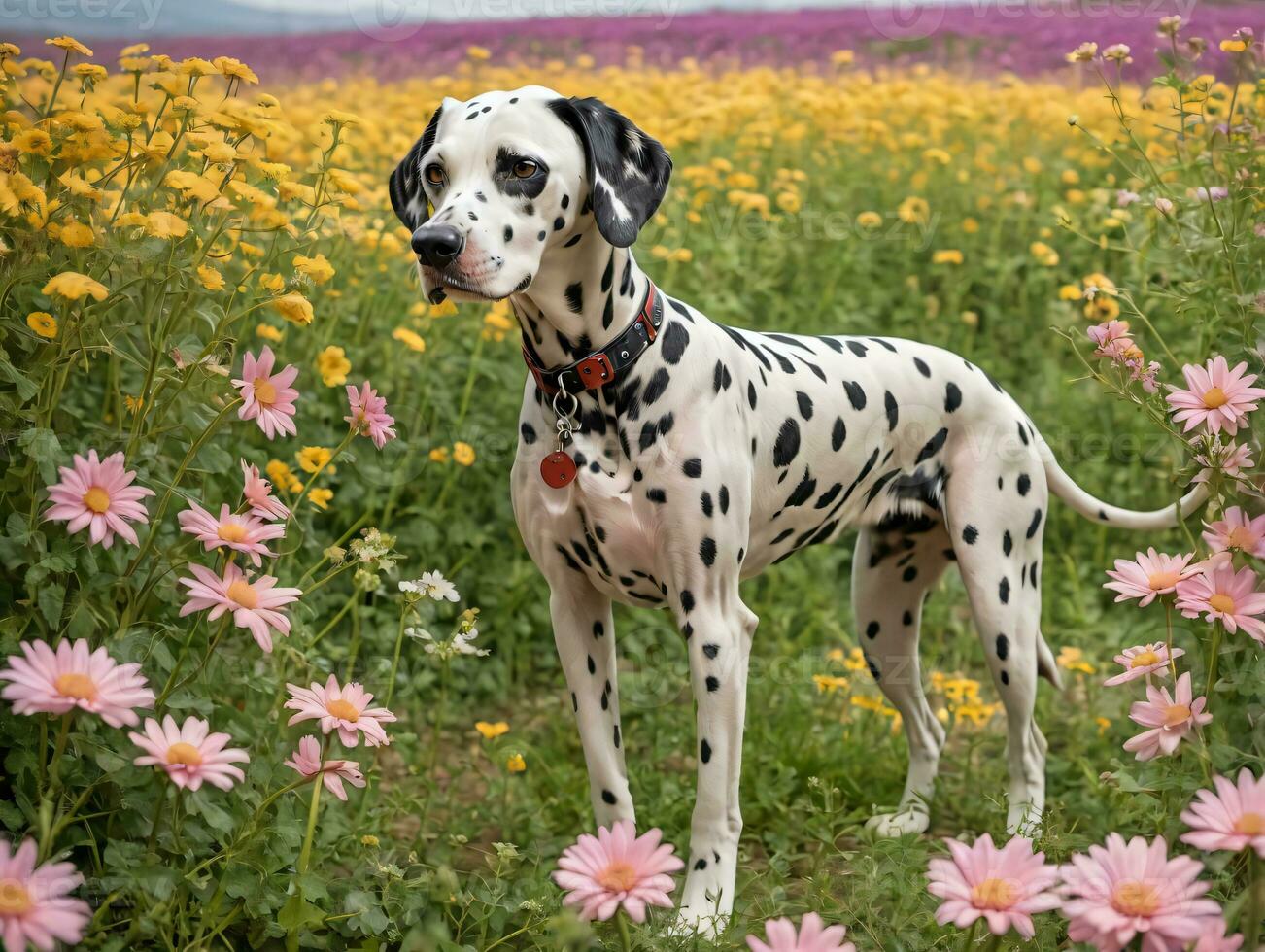 een dal hond staand in een veld- van bloemen. ai gegenereerd foto