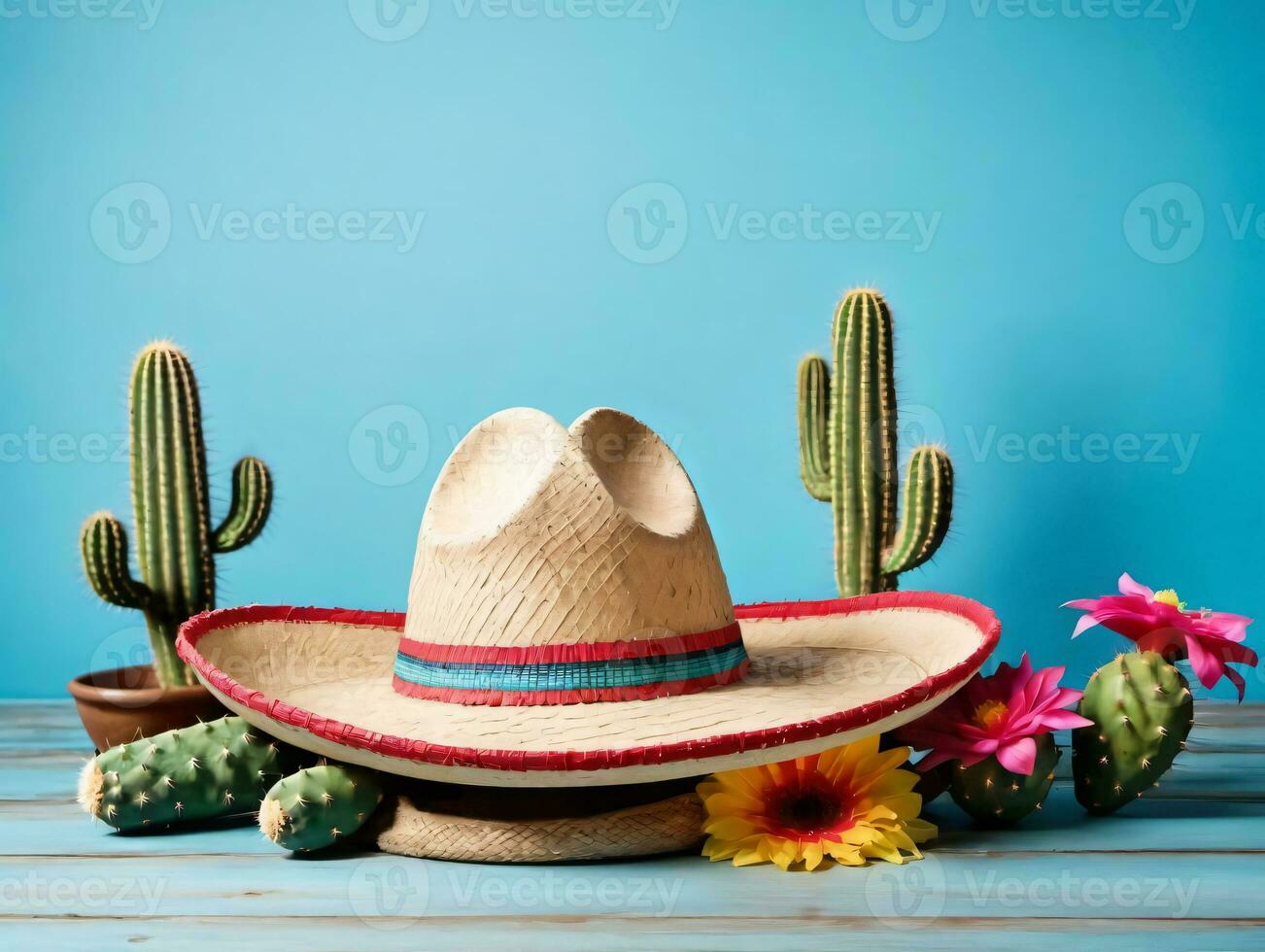 een rietje hoed met een cactus en bloemen. ai gegenereerd foto