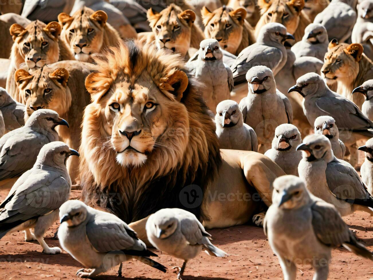 een leeuw omringd door veel vogels. ai gegenereerd foto