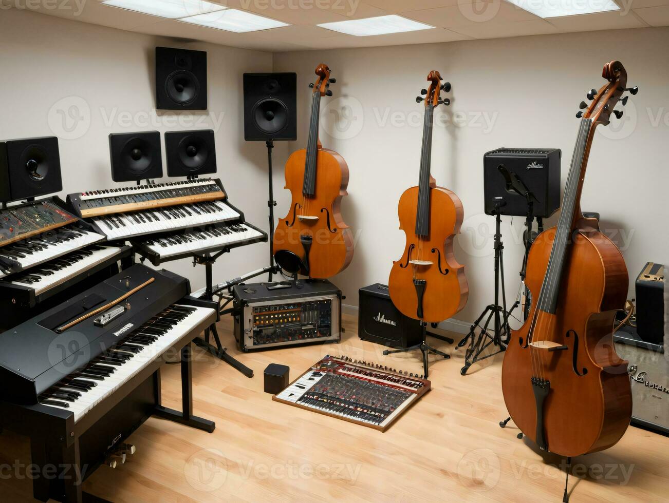 een kamer met een piano toetsenbord en andere musical apparatuur. ai gegenereerd foto