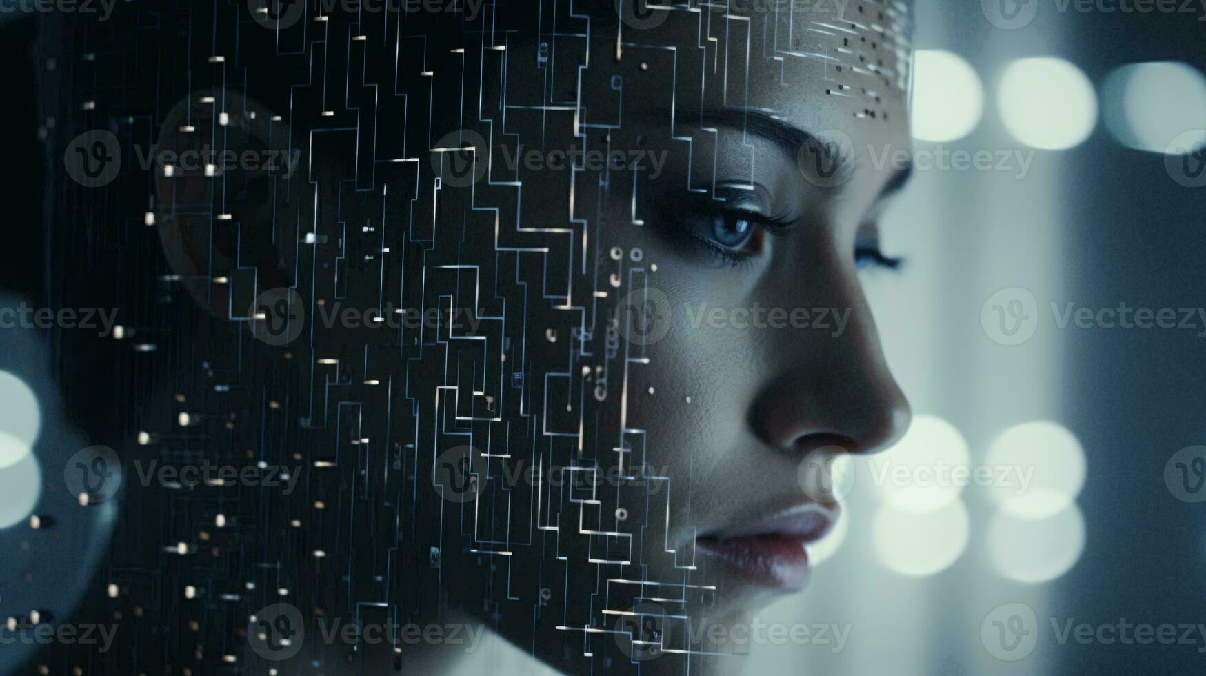 een vrouw gezicht met abstract lijnen en dots ai gegenereerd foto