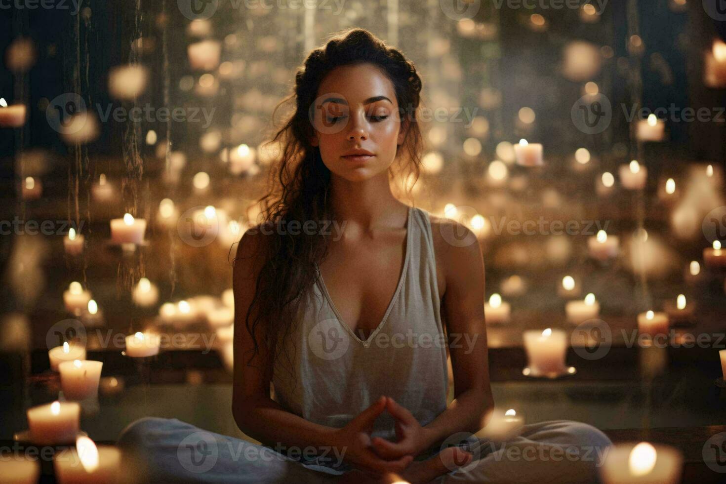 een vrouw in een yoga houding omringd door flikkeren kaarsen ai gegenereerd foto