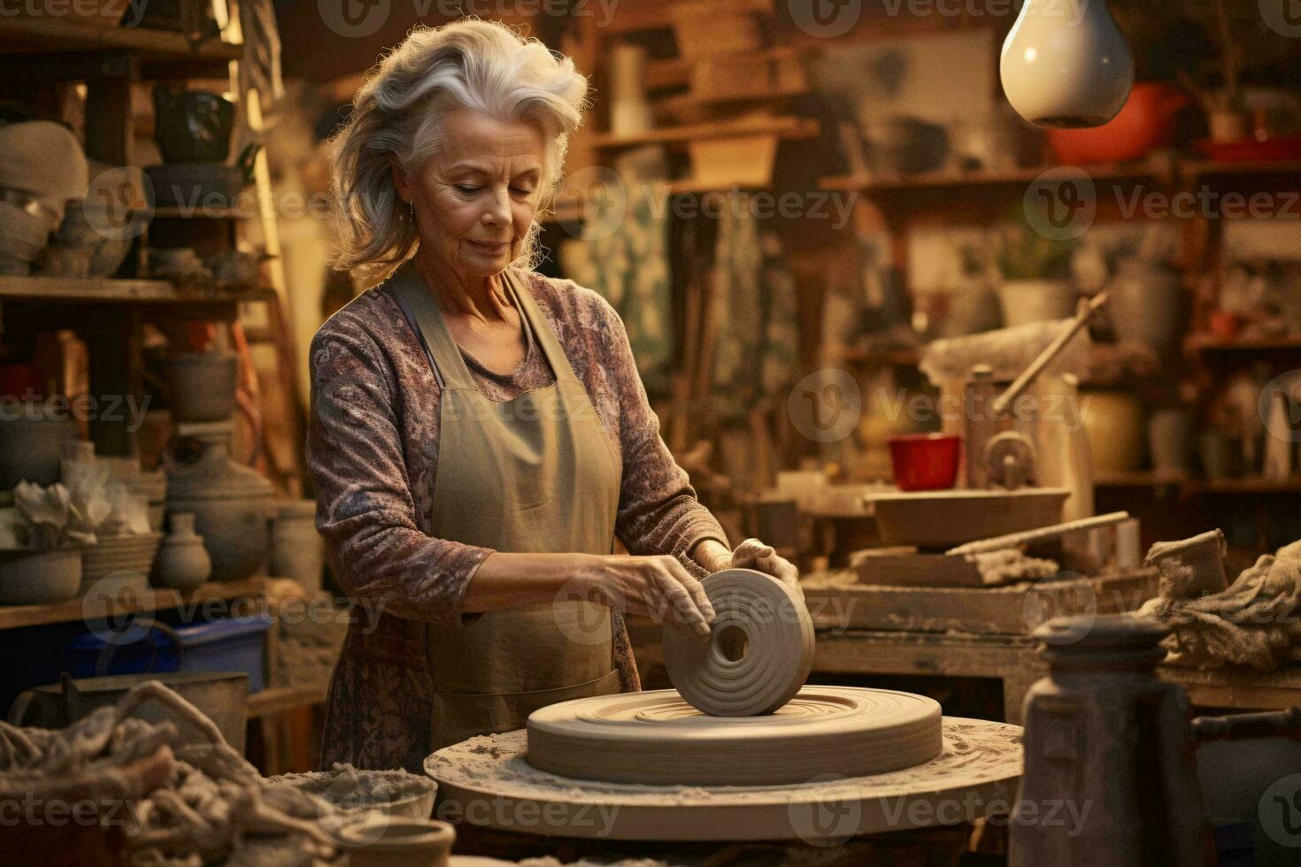 een vrouw creëren pottenbakkerij Aan een wiel in een charmant pottenbakkerij winkel ai gegenereerd foto