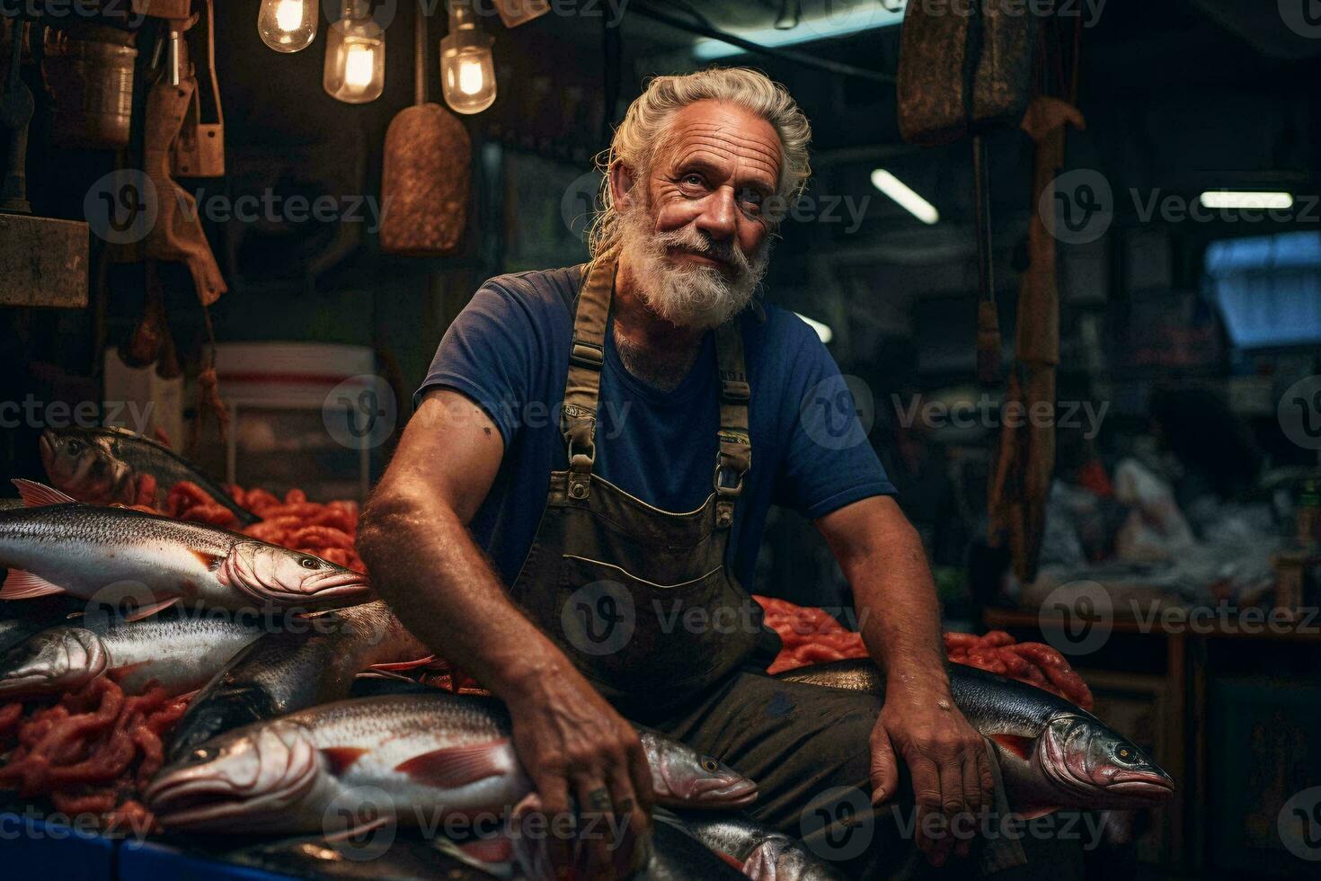 een Mens zittend Aan top van een stapel van vis ai gegenereerd foto