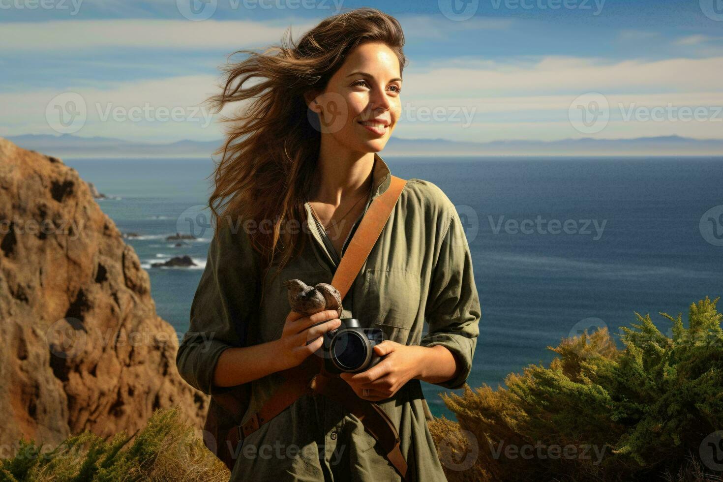 een vrouw vastleggen de adembenemend visie van de top van een berg ai gegenereerd foto