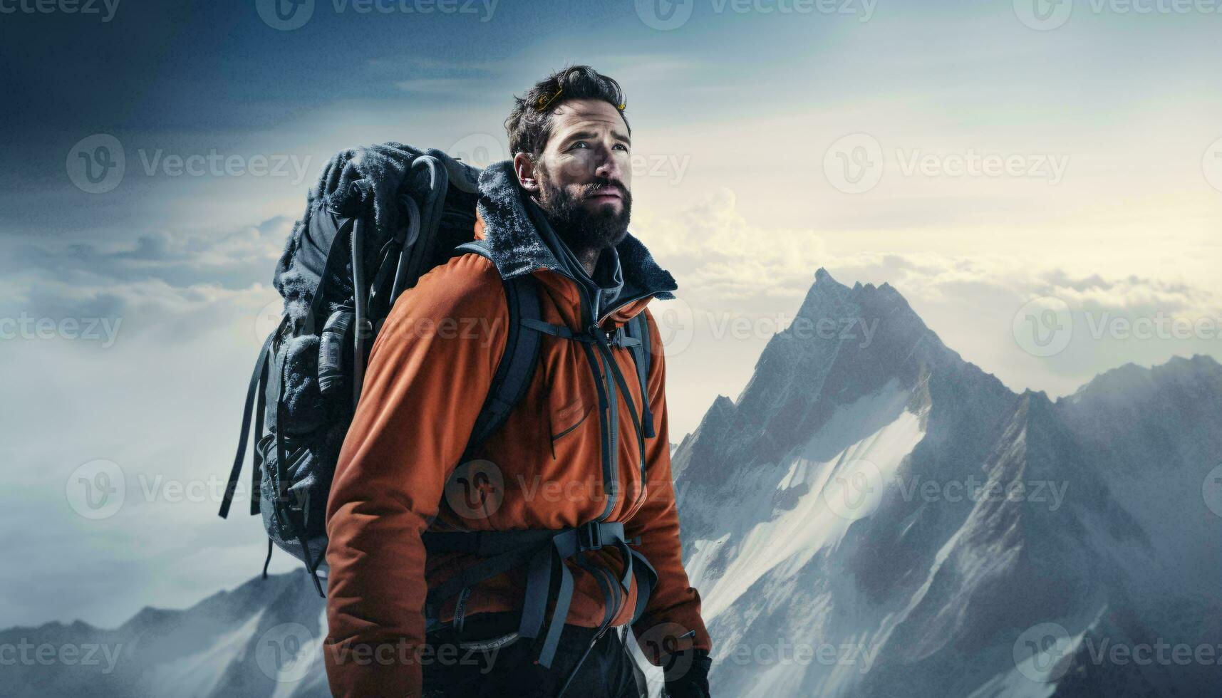 foto van een wandelaar staand triomfantelijk Aan een berg piek, met uitzicht adembenemend landschap ai gegenereerd