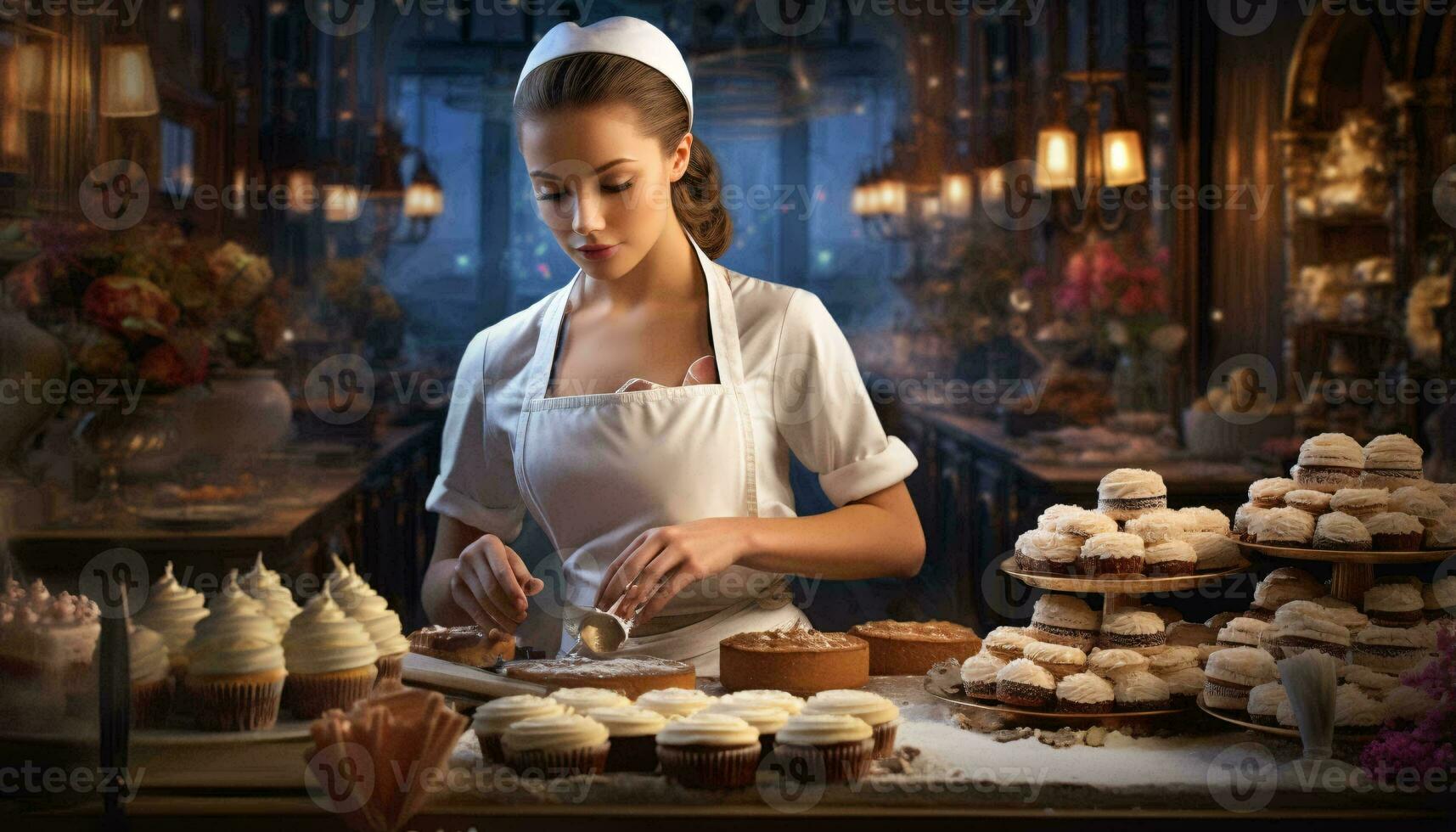 foto van een vrouw voorbereidingen treffen cupcakes in een wit schort ai gegenereerd