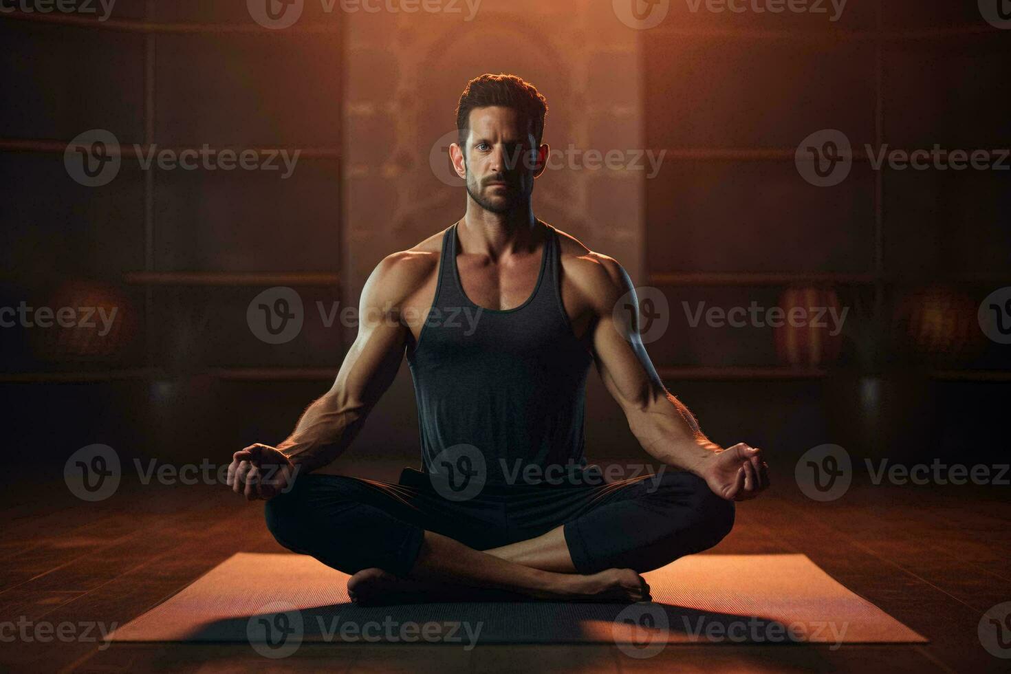 een Mens beoefenen yoga in een zwart tank top ai gegenereerd foto