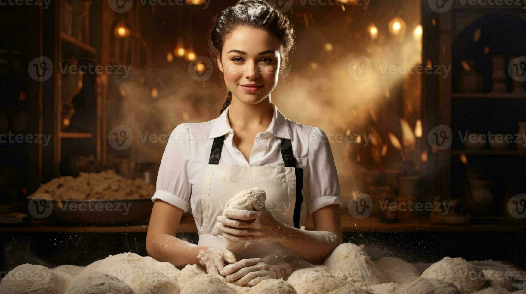 een vrouw in een schort kneden deeg naar maken brood ai gegenereerd foto