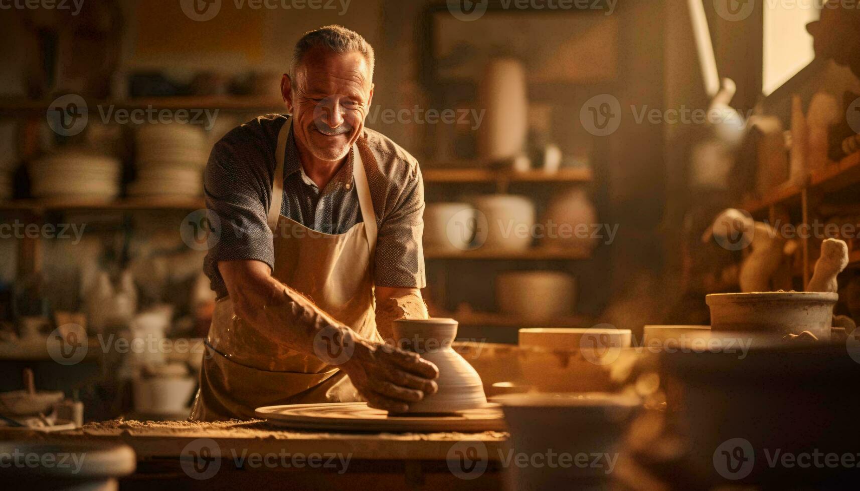 een pottenbakker bouwen een vaas Aan een spinnen wiel in een pottenbakkerij studio ai gegenereerd foto