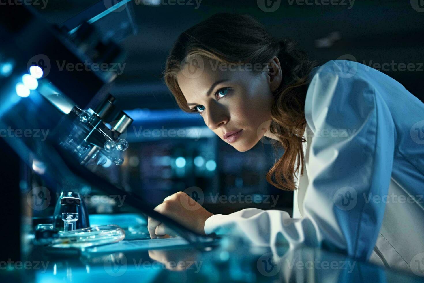 een vrouw wetenschapper dirigeren Onderzoek met een microscoop ai gegenereerd foto