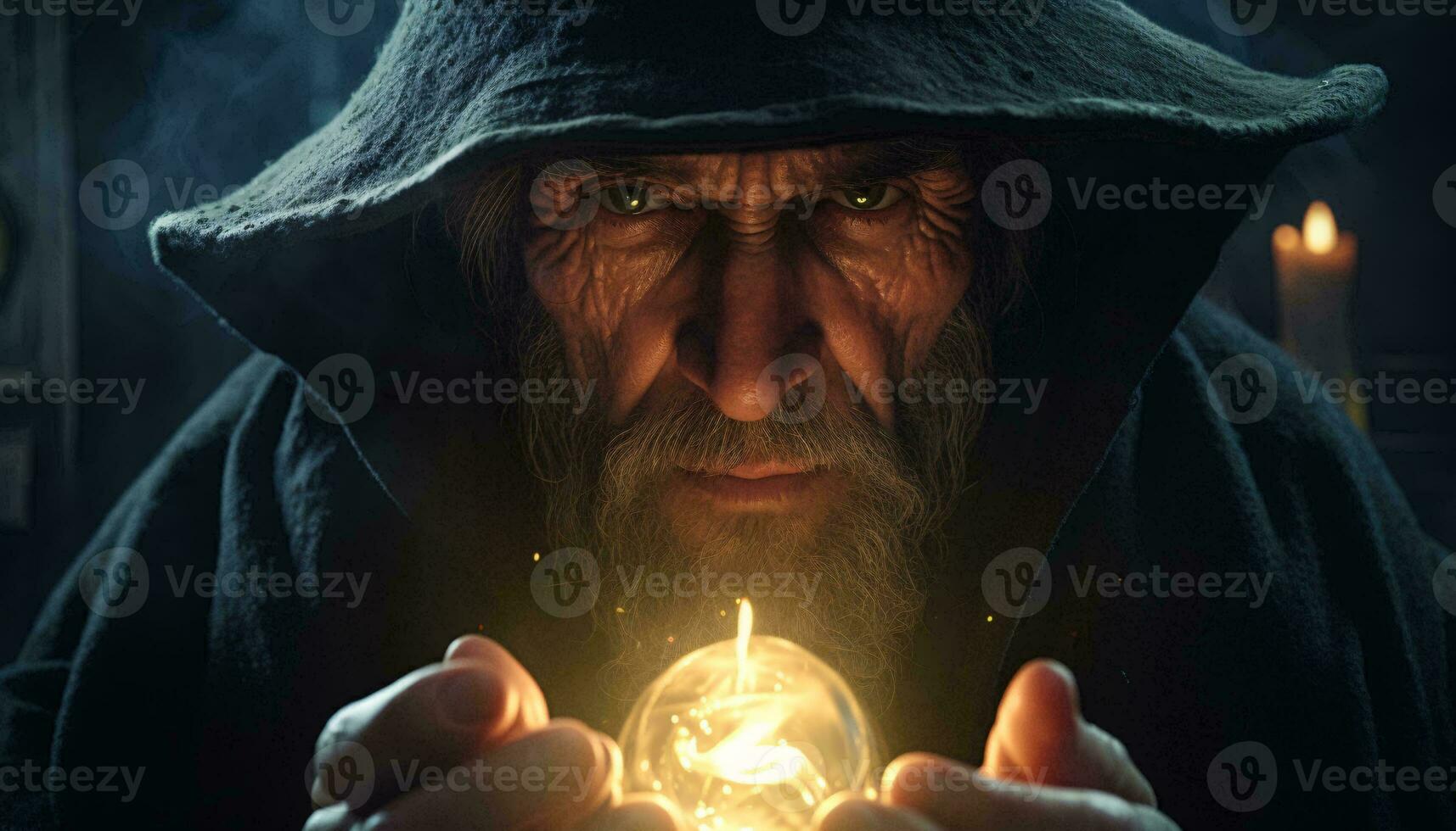 een tovenaar Holding een kristal bal in zijn handen ai gegenereerd foto
