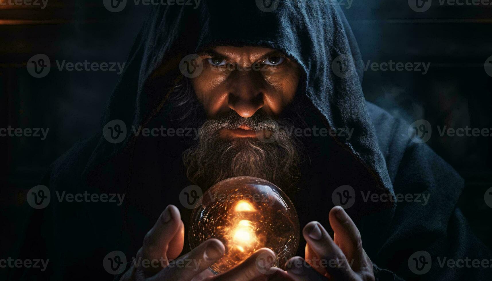 een tovenaar Holding een kristal bal ai gegenereerd foto
