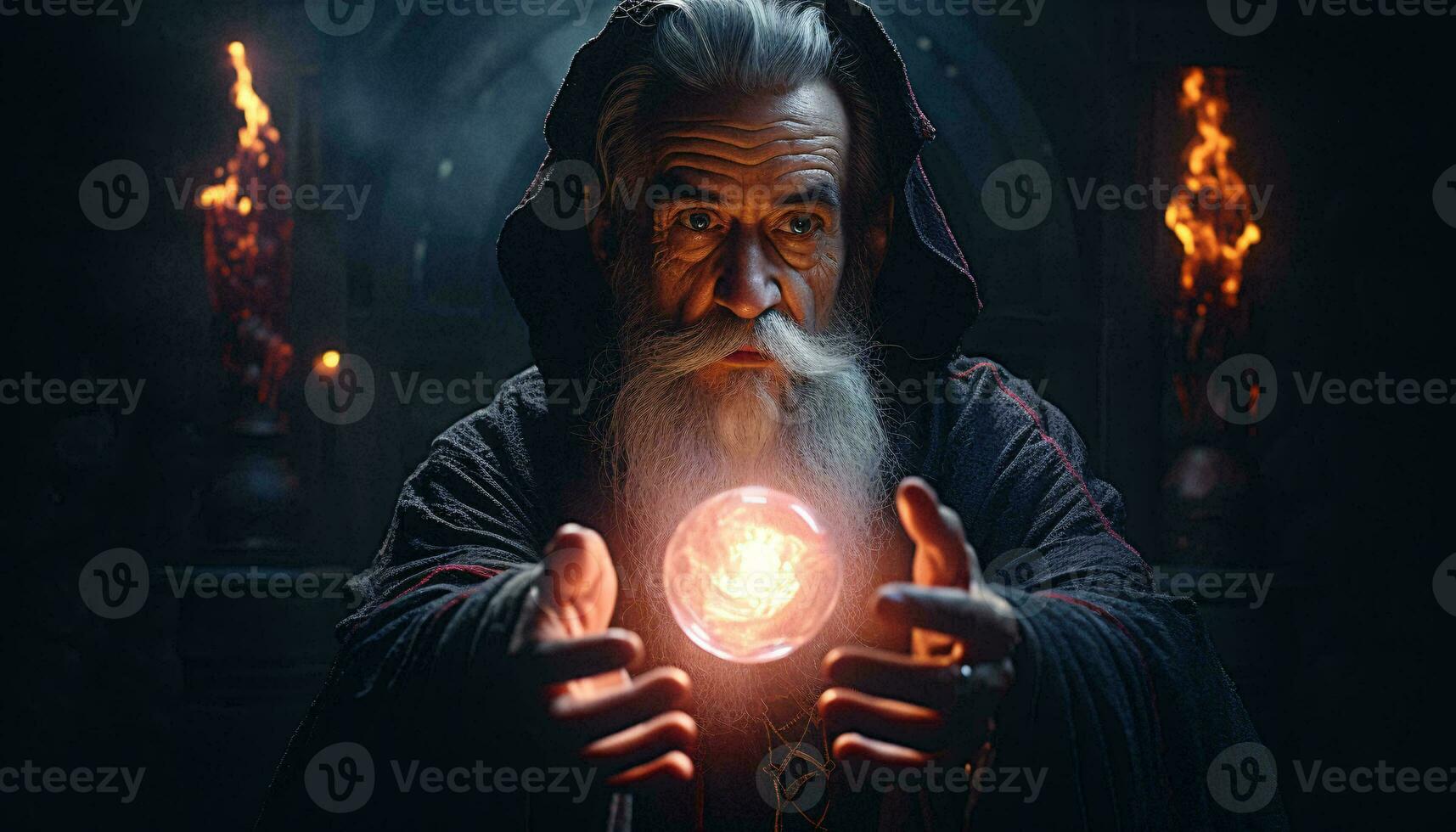 een tovenaar Holding een gloeiend bol in een mystiek houding ai gegenereerd foto