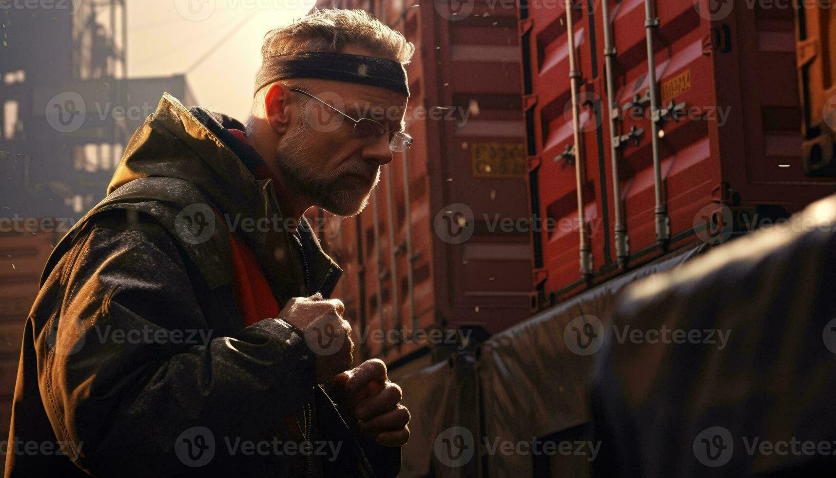 een Mens staand in voorkant van Verzending containers vervelend een blinddoek en hoofdband ai gegenereerd foto