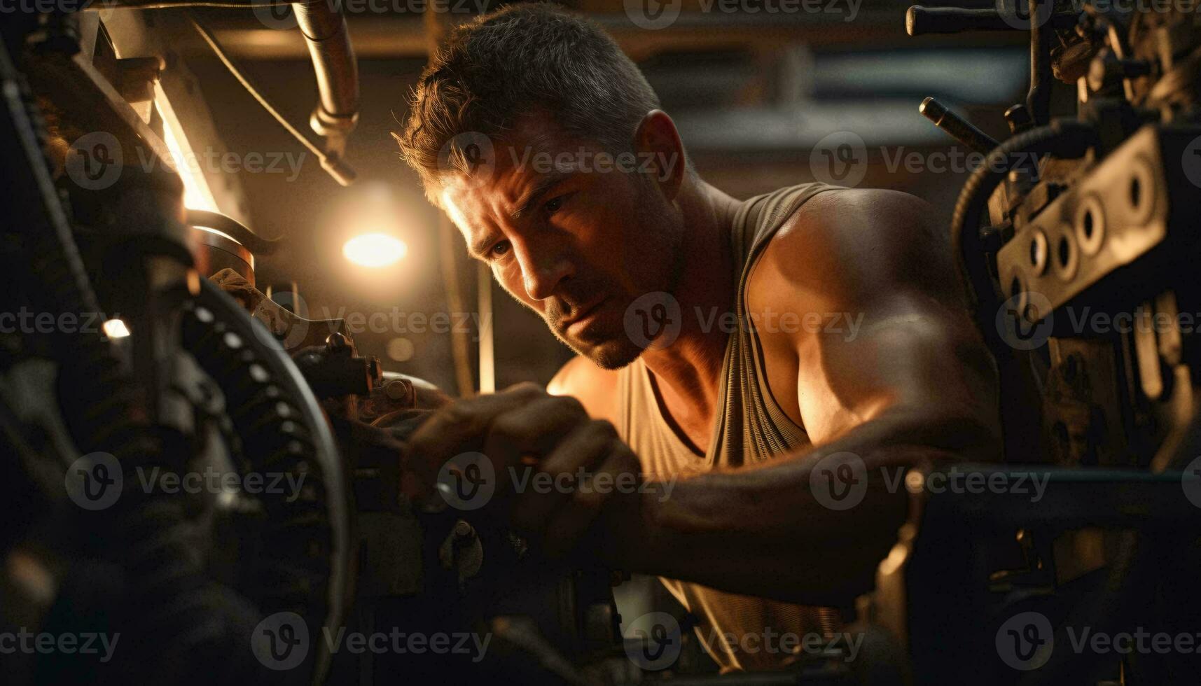 een arbeider in werking machinerie in een fabriek ai gegenereerd foto