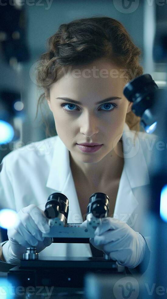 een vrouw wetenschapper onderzoeken een machine in een laboratorium ai gegenereerd foto