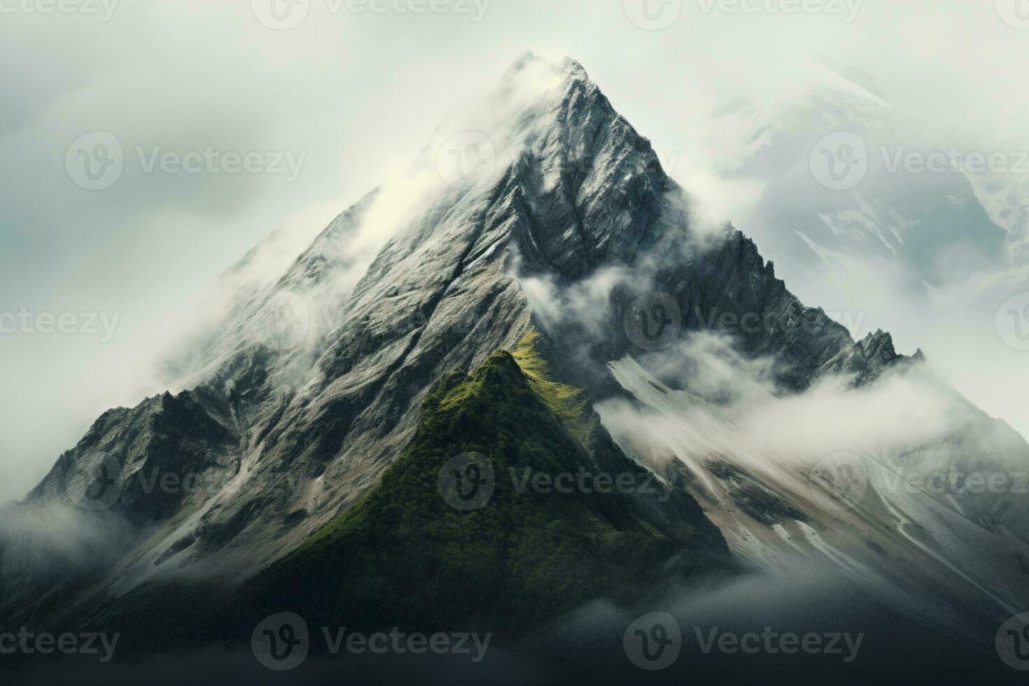 een majestueus berg top gehuld in de nevel en wolken ai gegenereerd foto