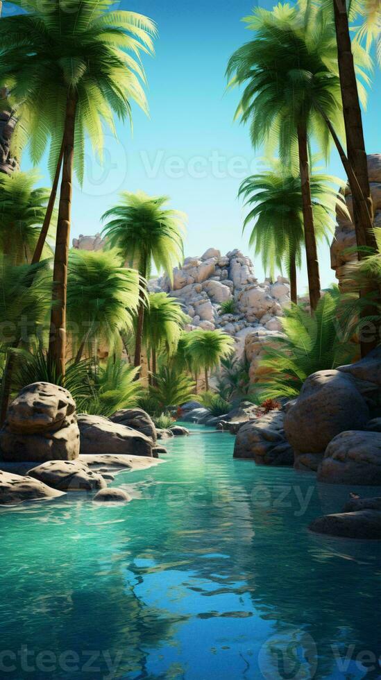 een sereen rivier- landschap met weelderig palm bomen ai gegenereerd foto