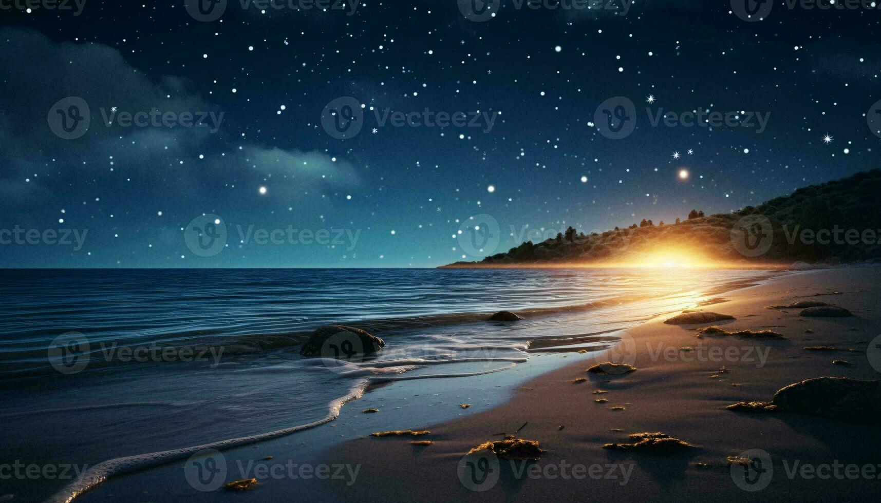 een betoverend sterrenhemel nacht Aan een mooi strand ai gegenereerd foto