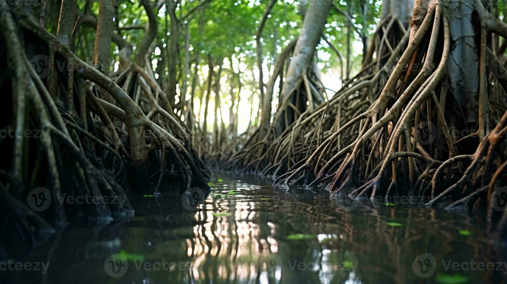 een sereen Woud weerspiegeld in kalmte wateren ai gegenereerd foto