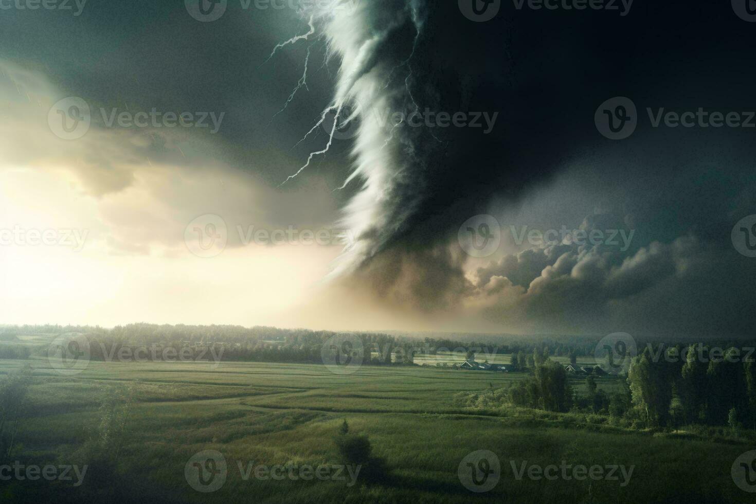 een dreigend storm wolk dreigend over- een pittoreske groen veld- ai gegenereerd foto