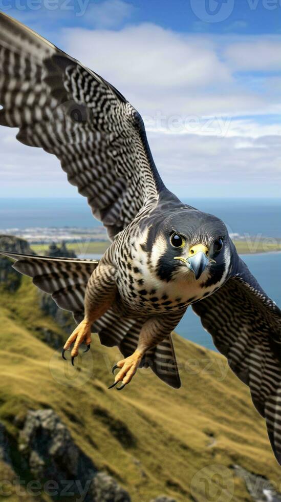 een majestueus vogel stijgend bovenstaand een levendig landschap ai gegenereerd foto