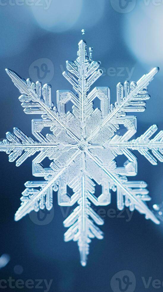 een single sneeuwvlok Aan een levendig blauw achtergrond, presentatie van de ingewikkeld schoonheid van van de natuur ijzig vraagt zich af ai gegenereerd foto