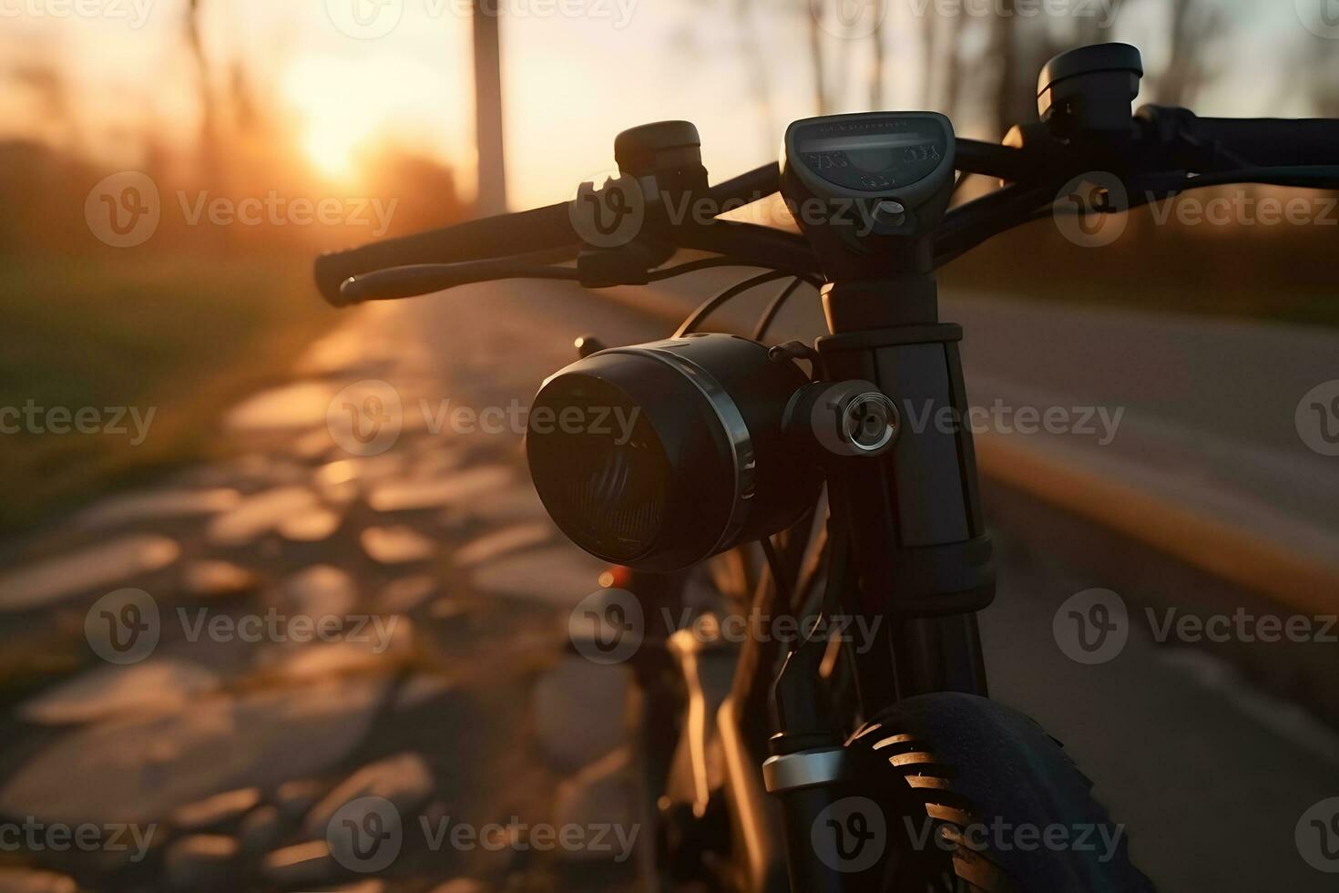 een elektrisch bromfiets Aan de trottoir in de stad, in de achtergrond is een straat visie met gebouwen door zonsondergang. neurale netwerk ai gegenereerd foto