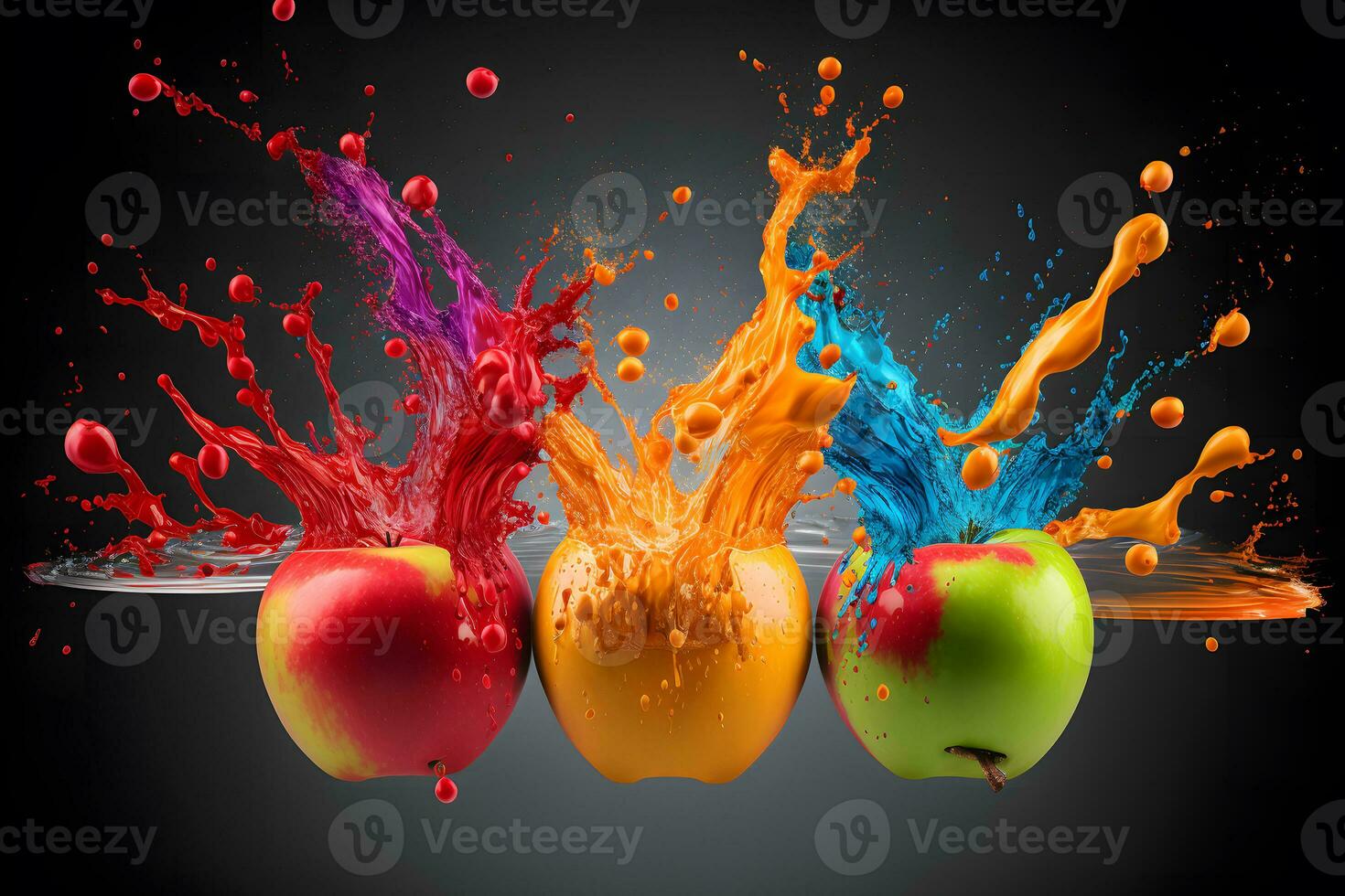 kleurrijk water spatten Aan appels net zo kunst prestatie moment vangen. neurale netwerk gegenereerd kunst foto