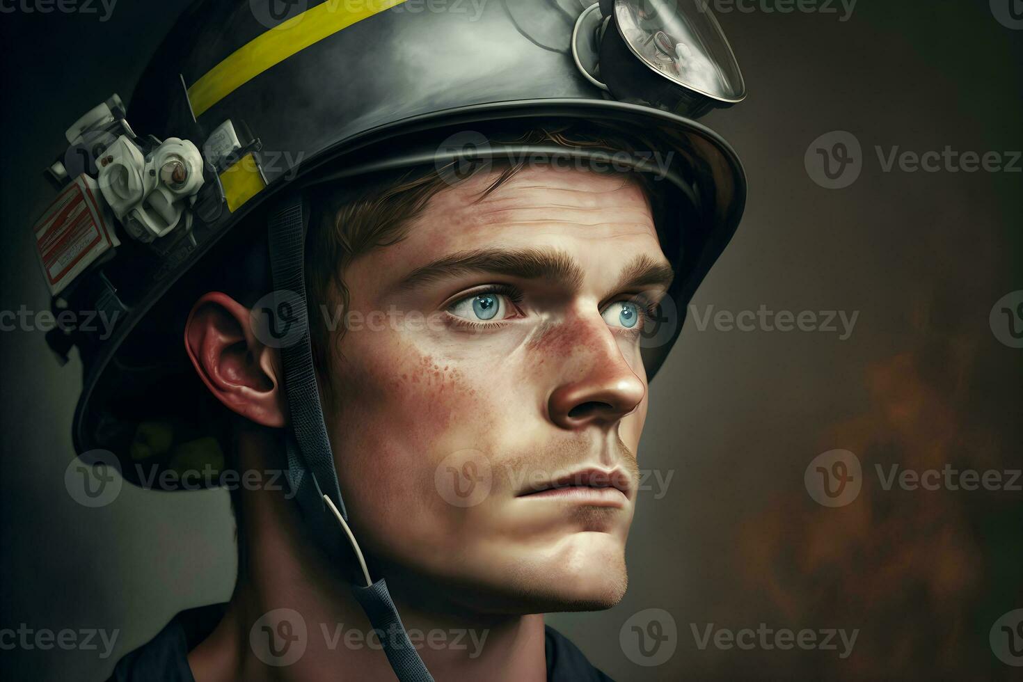 portret van brandweerman vuil gezicht in speciaal helm en brandweerlieden uniform. neurale netwerk gegenereerd kunst foto