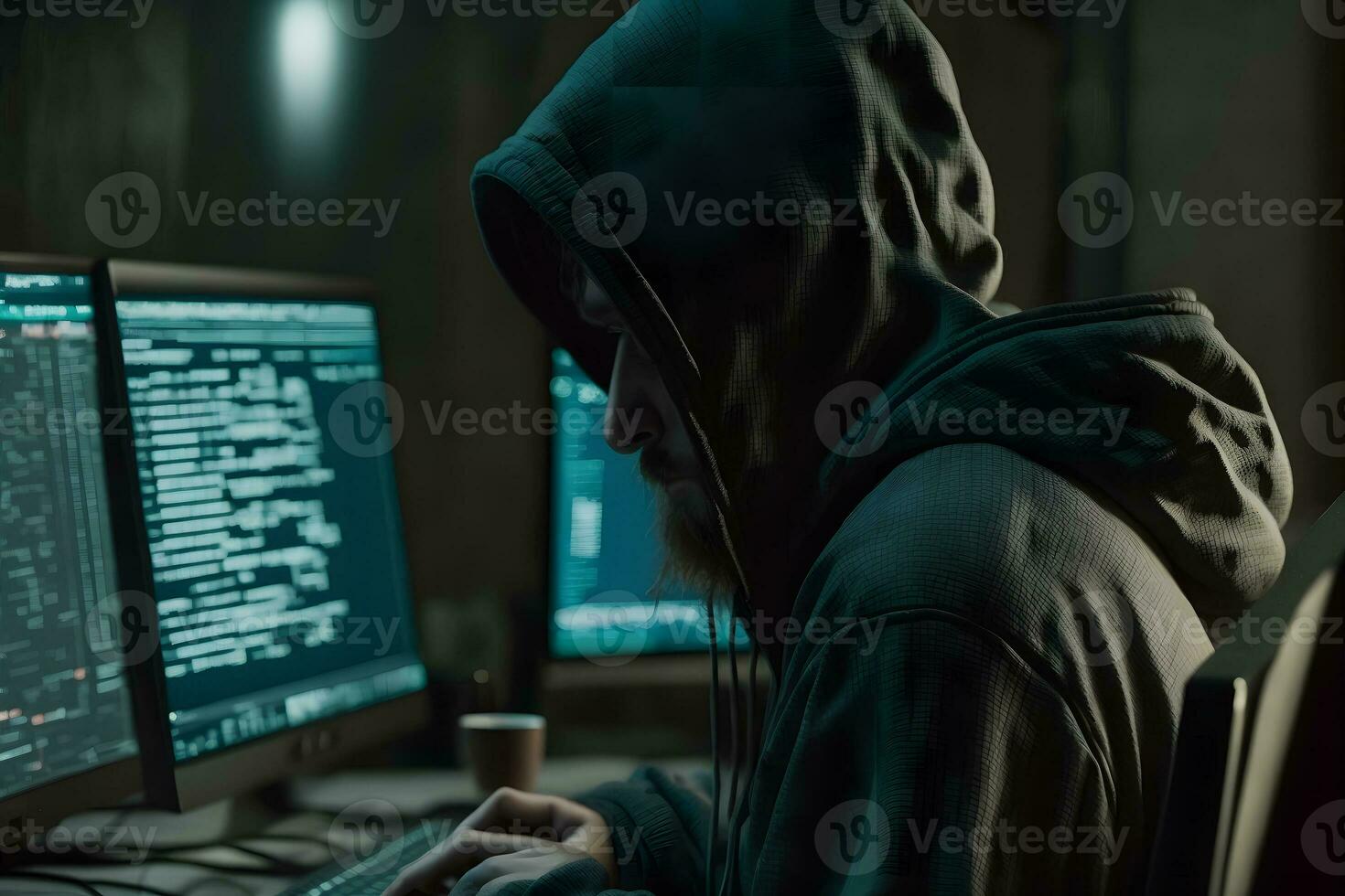 gevaarlijk met een kap hacker breekt in regering gegevens servers en infecteert hun systeem met een virus. neurale netwerk gegenereerd kunst foto