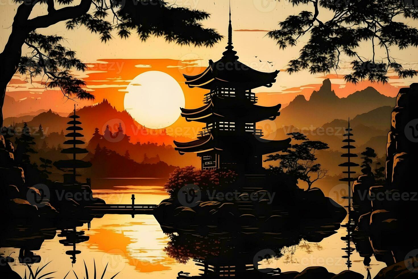 Japans natuur landschap met bergen en moe toren. neurale netwerk ai gegenereerd foto