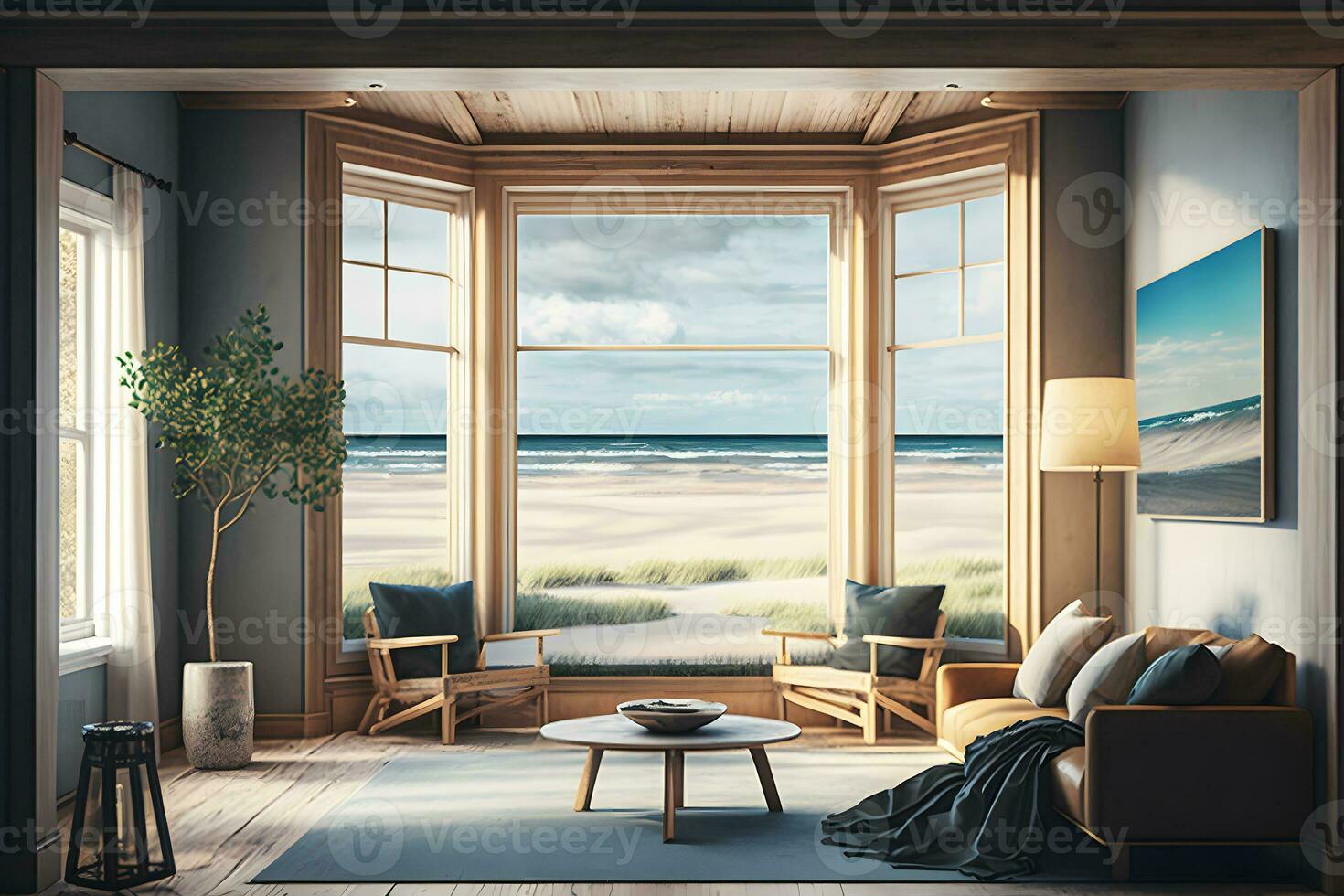 strand leven Aan zee visie interieur met groot ramen. neurale netwerk ai gegenereerd foto