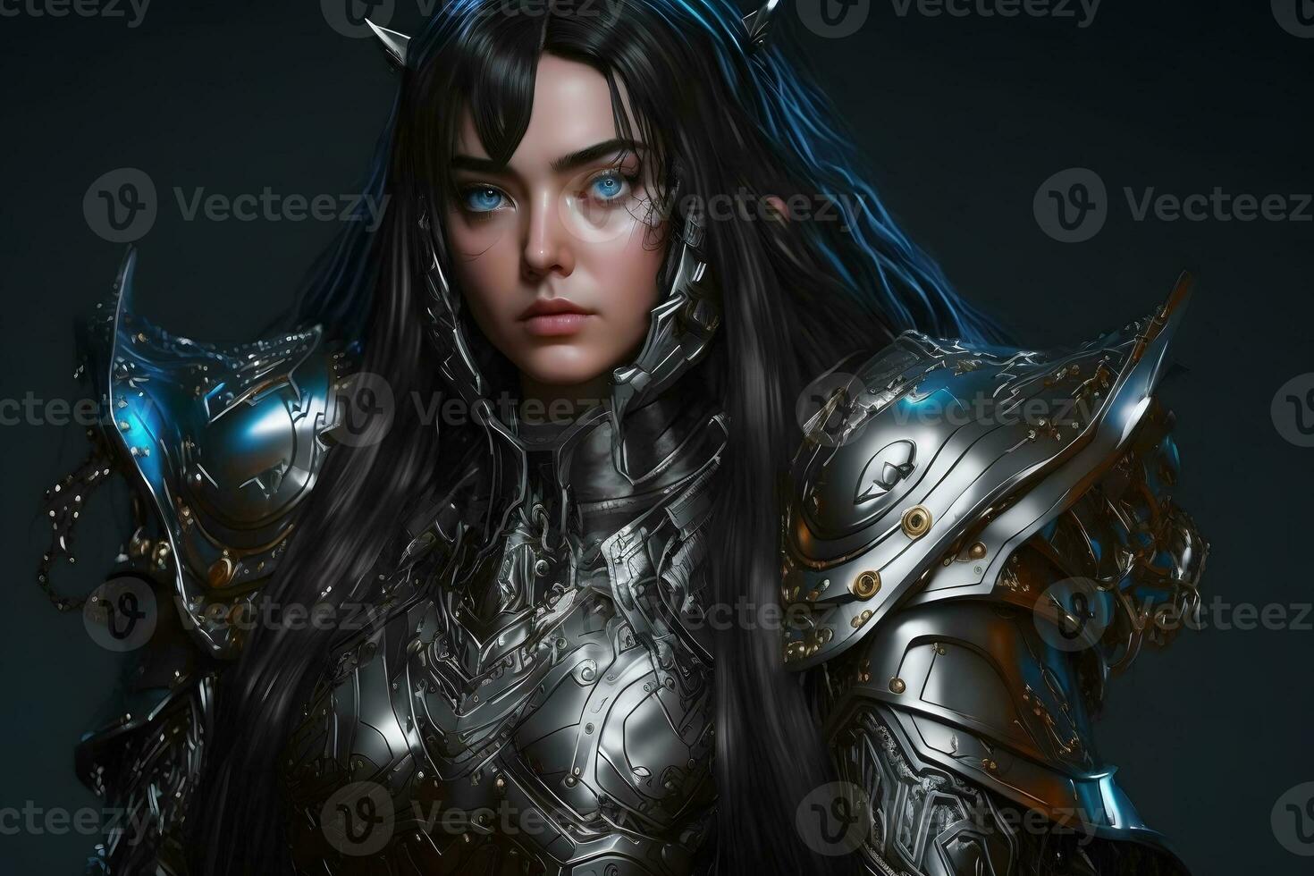 portret van een krijger meisje in schild. vrouw ridder. neurale netwerk ai gegenereerd foto
