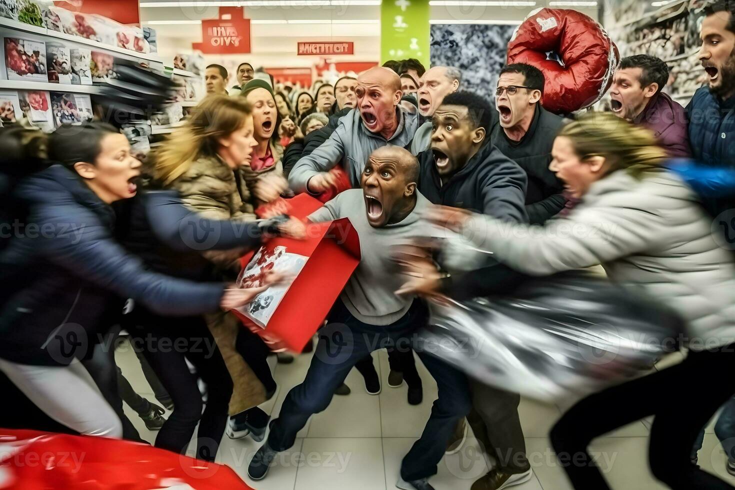 menigte van mensen Aan zwart vrijdag vechten voor promotionele goederen. neurale netwerk ai gegenereerd foto