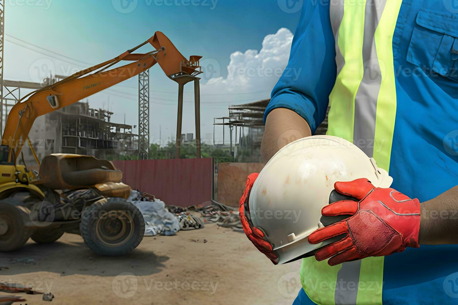 bouw arbeider Holding een veiligheid helm. neurale netwerk ai gegenereerd foto