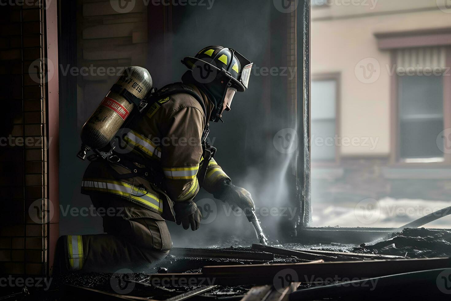 brandweerlieden sproeien water in brand vechten operatie, brand en redden opleiding school- regelmatig. neurale netwerk ai gegenereerd foto