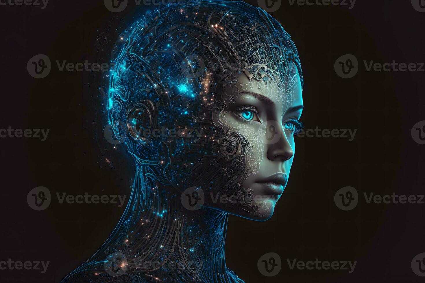 modern futuristische vrouw humanoid robot portret met technologie details Aan gezicht. neurale netwerk gegenereerd kunst foto