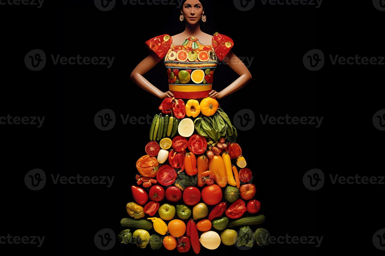 modieus vrouw in fruit stijl jurk. neurale netwerk ai gegenereerd foto