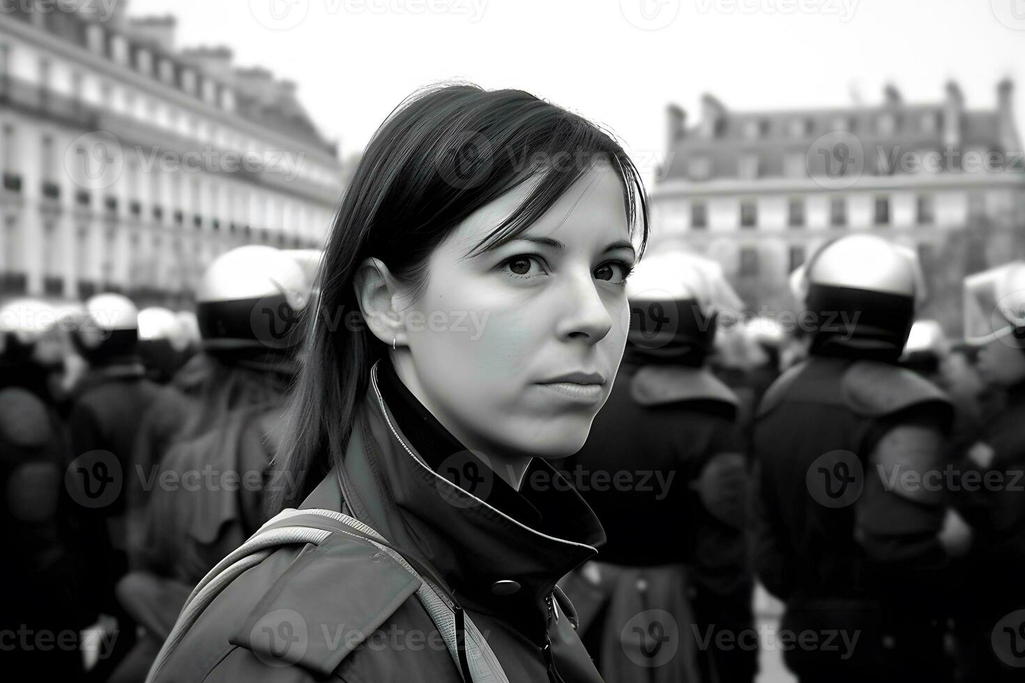 vrouw activist protesteren met megafoon gedurende een staking met groep van demonstrator in achtergrond. vrouw protesteren in de stad. neurale netwerk ai gegenereerd foto