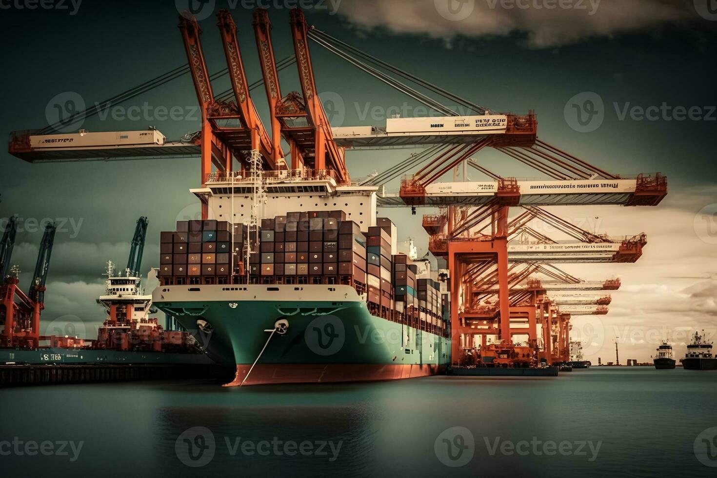 kraan bezig met laden lading houder importeren houder schip in de Internationale terminal logistiek zee haven concept vracht Verzenden. neurale netwerk gegenereerd kunst foto