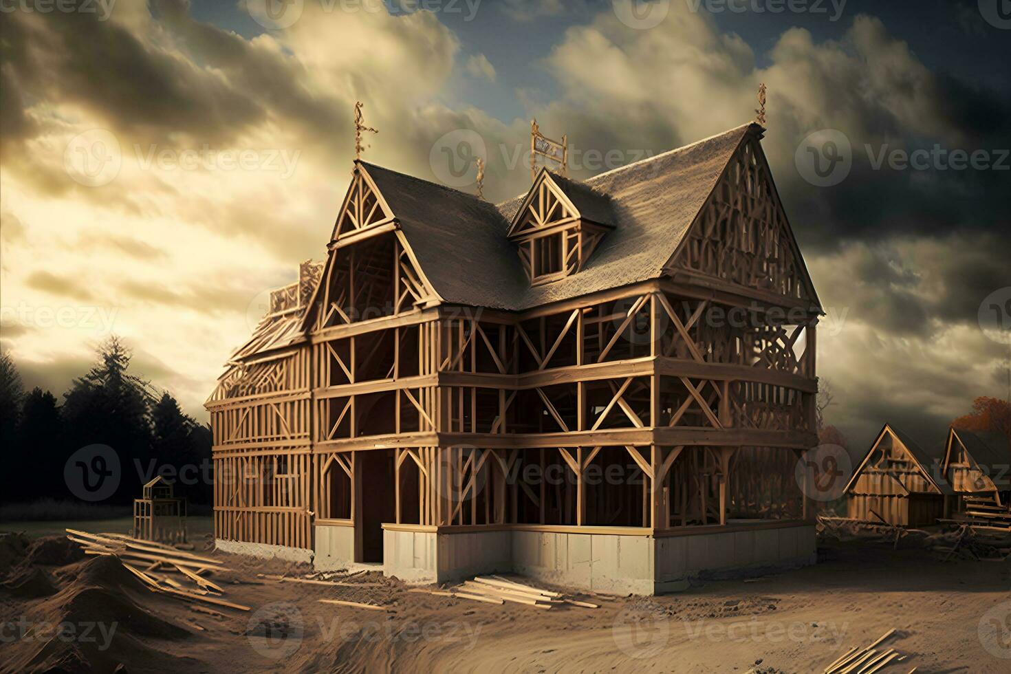 nieuw houten woon- bouw huis framing tegen een blauw lucht. dakbedekking bouw. neurale netwerk gegenereerd kunst foto