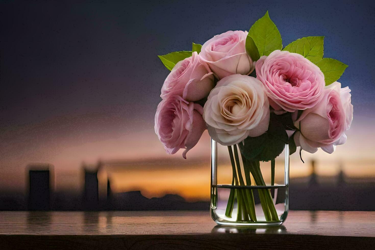 roze rozen in een vaas Aan een tafel met een stad in de achtergrond. ai-gegenereerd foto