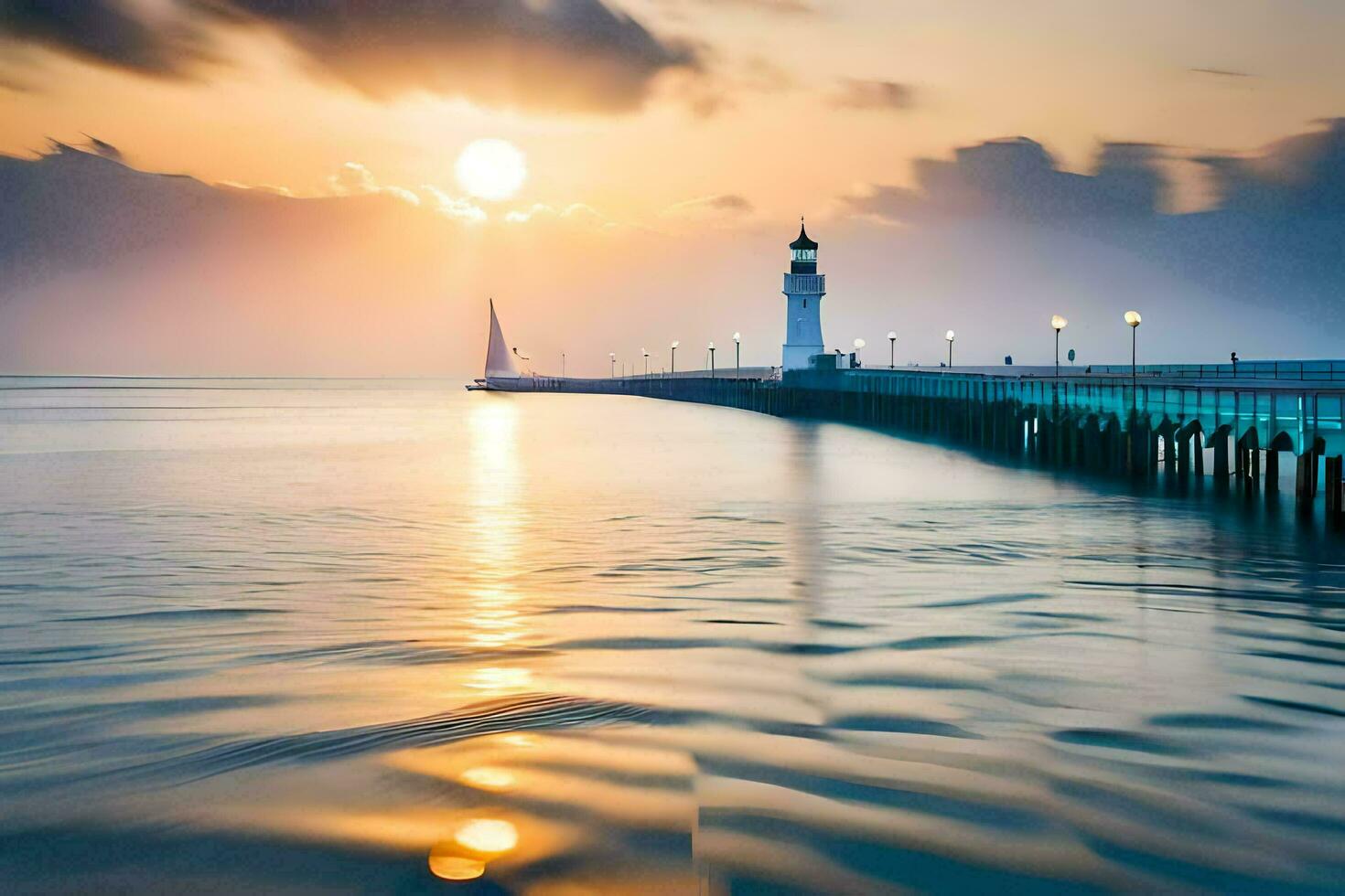 een vuurtoren staat Aan de water Bij zonsondergang. ai-gegenereerd foto