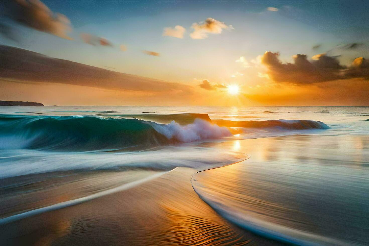 de zon stijgt over- de oceaan en golven. ai-gegenereerd foto