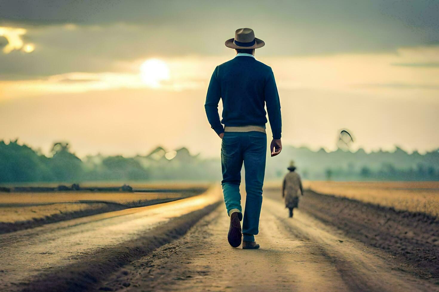 een Mens wandelen naar beneden een aarde weg met een hoed Aan. ai-gegenereerd foto