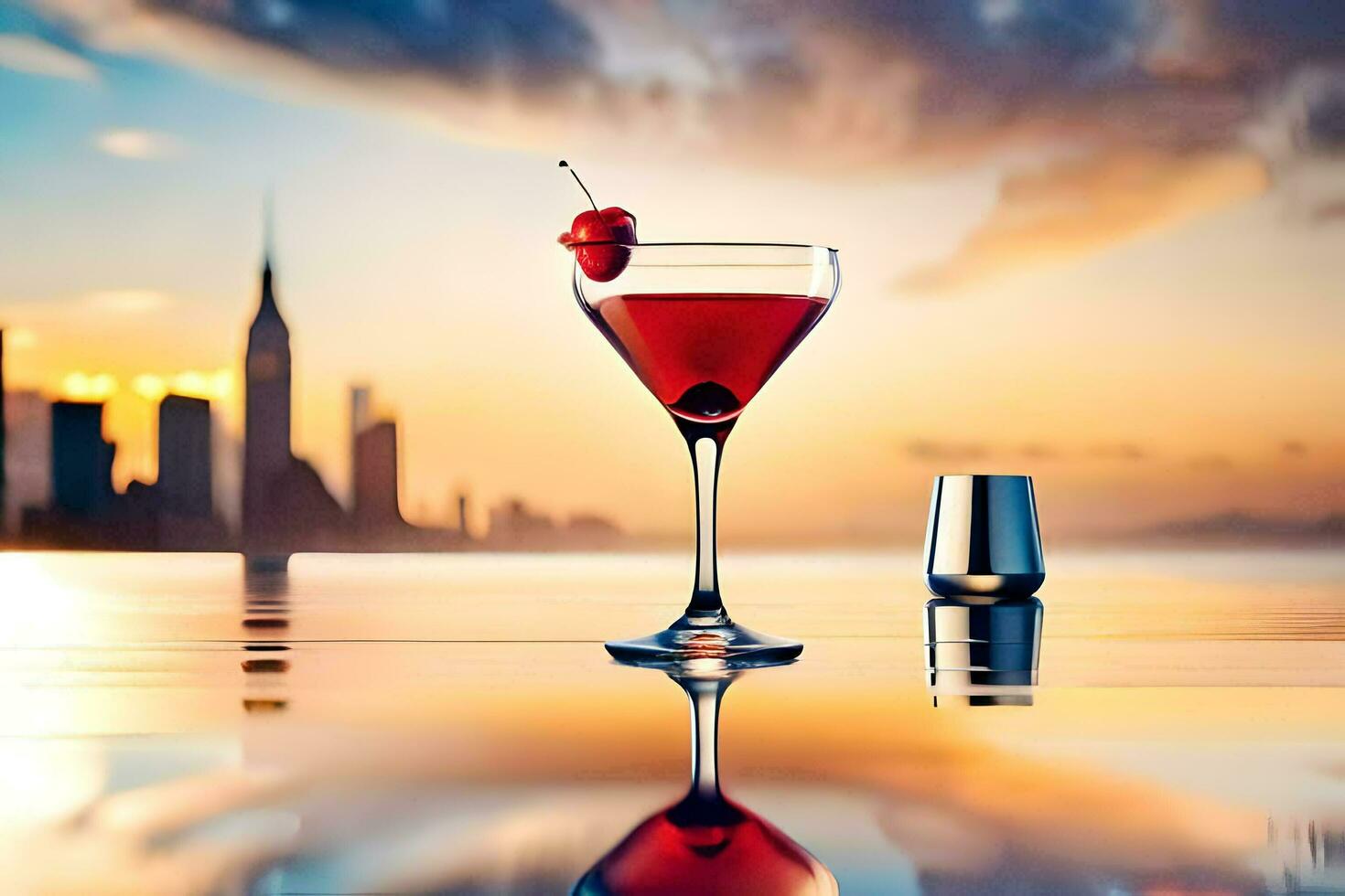 een cocktail met een kers Aan top zit Aan een tafel in voorkant van een stad horizon. ai-gegenereerd foto